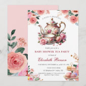 赤ちゃんが生まれる ブラッシュ フラワー ベイビー シャワー ティーパーティ 招待状 (正面/裏面)