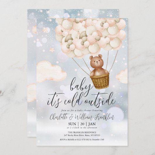 赤ちゃんとクマの冬のベイビーシャワー 招待状 (正面/裏面)