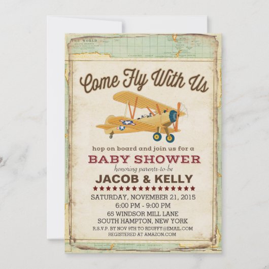 赤ちゃんと一緒に空へ!ベイビーシャワーの飛行機旅行招待状 招待状 (正面)
