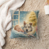 赤ちゃんと青い目の仔犬のクリスマスピロー クッション (ブランケット)