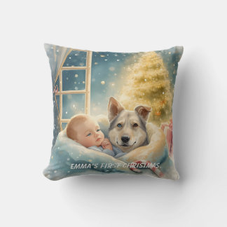 赤ちゃんと青い目の仔犬のクリスマスピロー クッション