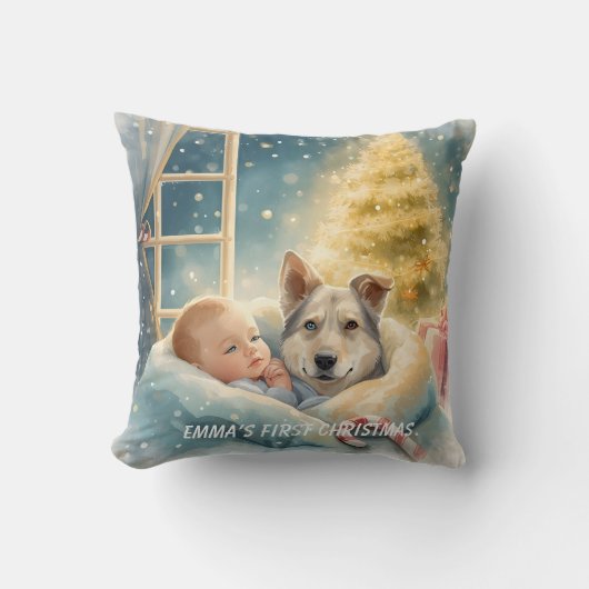 赤ちゃんと青い目の仔犬のクリスマスピロー クッション (正面)