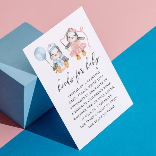 赤ちゃんのための本のリクエスト | かわいいペンギンのベビーシャワー エンクロージャーカード