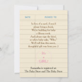 「赤ちゃんのための本の贈り物 - 図書館を作ろう」ピンクのベビーシャワー招待状 招待状 (裏面)