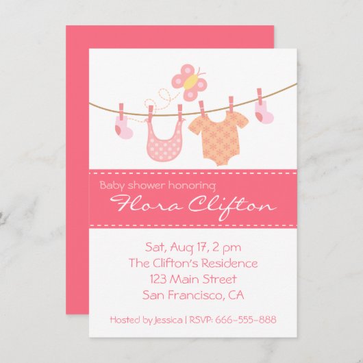 赤ちゃんのぶら下がった服と蝶の服 招待状 (正面/裏面)