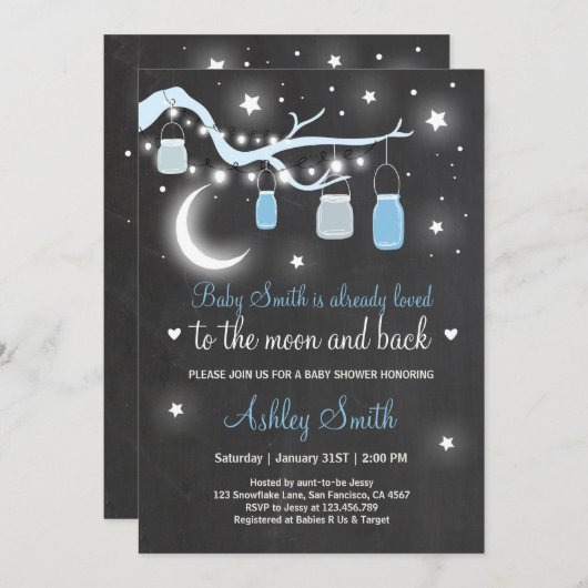 赤ちゃんのシャワーが君を月に愛し背中の青い少年に愛 招待状 (正面/裏面)