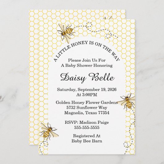 赤ちゃんのシャワーが途中で少し蜂蜜が流れている 招待状 (正面/裏面)