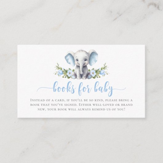 赤ちゃんのシャワーにぴったりなかわいい青い花のゾウの本 エンクロージャーカード (正面)
