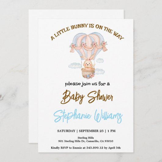 赤ちゃんのシャワーの途中に小さなバニーがある 招待状 (正面/裏面)