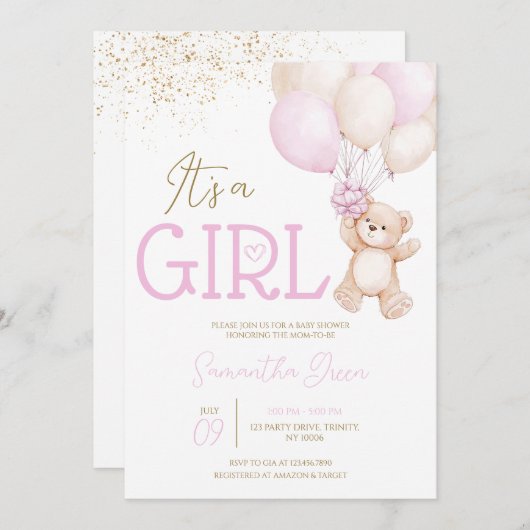 赤ちゃんのシャワーを待つのは女の子 招待状 (正面/裏面)
