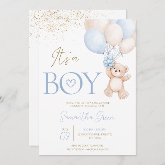 赤ちゃんのシャワーを待つのは男の子だ 招待状 (正面/裏面)