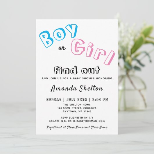 赤ちゃんのシャワーを明かす青いピンクの性別 招待状 (スタンド正面)