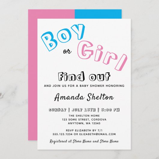 赤ちゃんのシャワーを明かす青いピンクの性別 招待状 (正面/裏面)