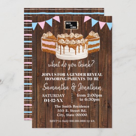 赤ちゃんのシャワーを明らかにする青またはピンクのケーキ性別 招待状 (正面/裏面)