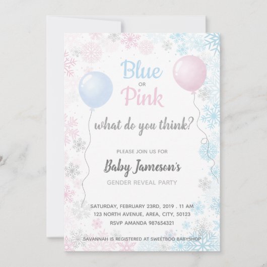 赤ちゃんのシャワーを明らかにする青またはピンクの雪片ジェンダー 招待状 (正面)