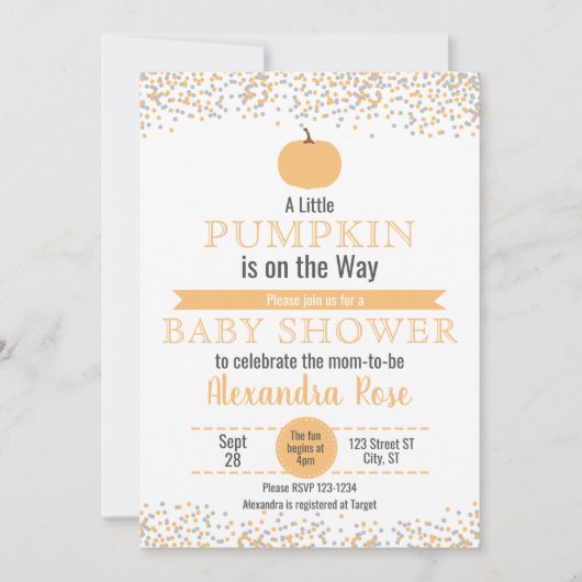 赤ちゃんのシャワーを浴びる途中の小さなカボチャ 招待状 (正面)