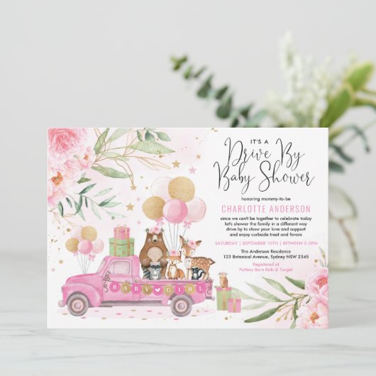 赤ちゃんのシャワーを通してピンクと金ゴールドのウッドランドをドライブ 招待状 (スタンド正面)