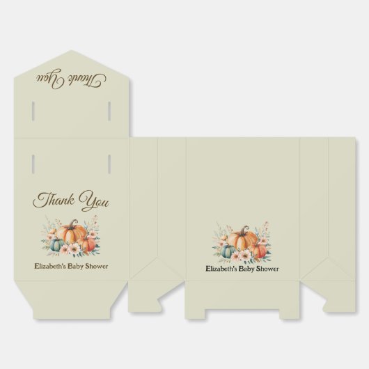 赤ちゃんのシャワーパーティーのためのカスタムパンプキンと花のデザイン フェイバーボックス (見開き)