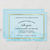 赤ちゃんのシャワー招待状 キュートな花飾り 薄い青と金 招待状 (正面/裏面)