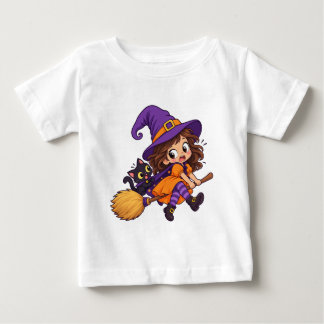 赤ちゃんのベビー用ジャージィのためのハロウィンのかわいい空飛ぶ魔女のデザイン ベビーTシャツ