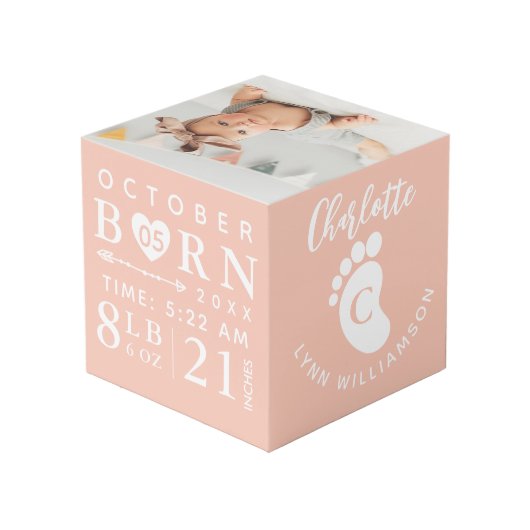 赤ちゃんの写真と思い出の品 出生時の記録 ピンクのイニシャル フォトキューブ (裏面アングル)