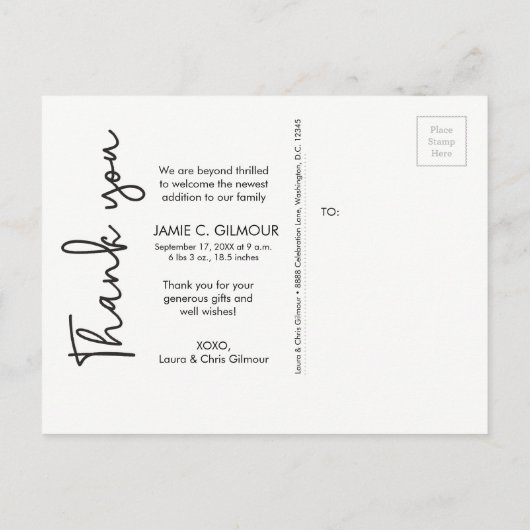 赤ちゃんの写真を使った現代的な誕生のお知らせシンプルなスクリプト ポストカード (裏面)