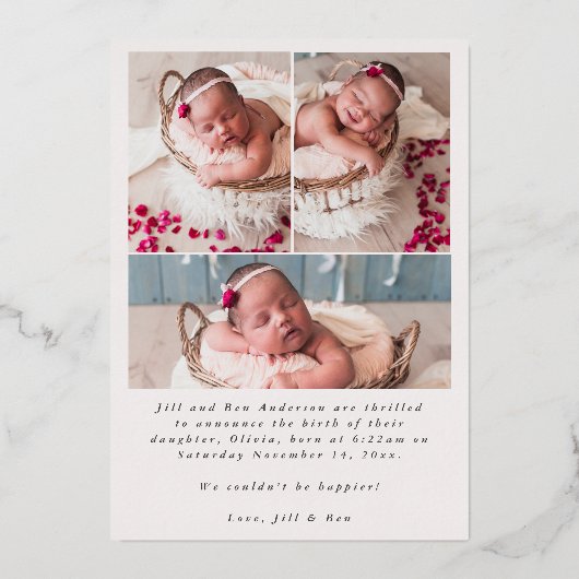 赤ちゃんの写真 現代のエレガントなカリグラフィー 誕生 箔シーズンカード (裏面)