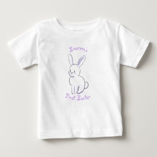 赤ちゃんの初めてのイースター かわいいウサギのイラスト 紫 ベビーTシャツ (正面)