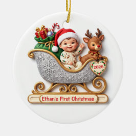 赤ちゃんの初めてのクリスマスのソリの名入れオーナメント セラミックオーナメント