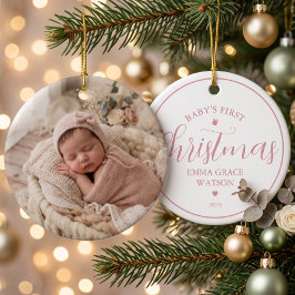 赤ちゃんの初めてのクリスマスの写真のピンクの記念品 セラミックオーナメント
