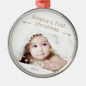 赤ちゃんの初めてのクリスマスの雪の結晶の写真の記念品 メタルオーナメント (正面)