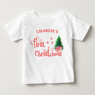 赤ちゃんの初めてのクリスマスツリーと赤いキャンディーケーン ベビーTシャツ