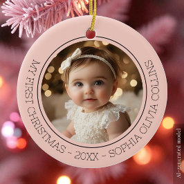 赤ちゃんの初めてのクリスマスピンクモダン2枚の写真新生児 セラミックオーナメント