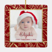 赤ちゃんの初めてのクリスマス写真 バーガンディ ゴールドの葉 セラミックオーナメント (裏面)