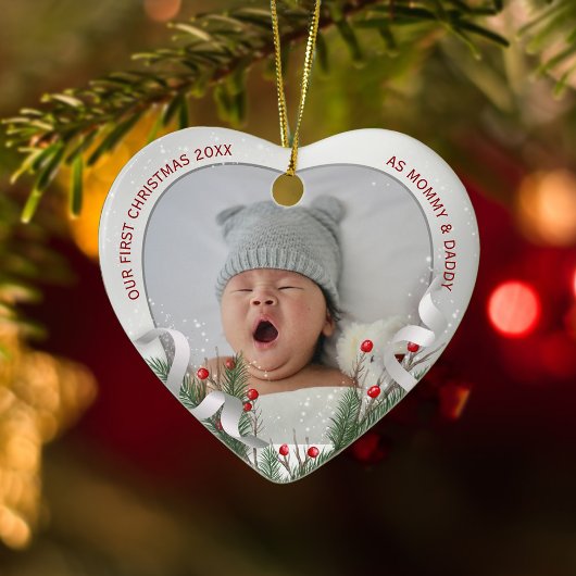 赤ちゃんの初めてのクリスマス記念の銀色フレーム写真 セラミックオーナメント