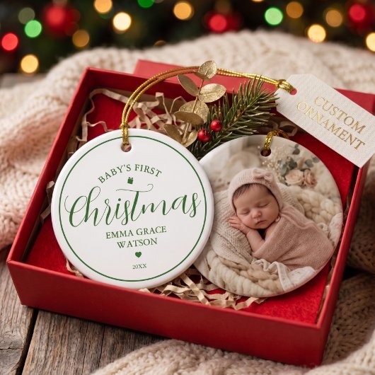 赤ちゃんの初めてのクリスマス記念グリーン写真 セラミックオーナメント