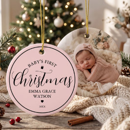 赤ちゃんの初めてのクリスマス記念写真 ピンク セラミックオーナメント