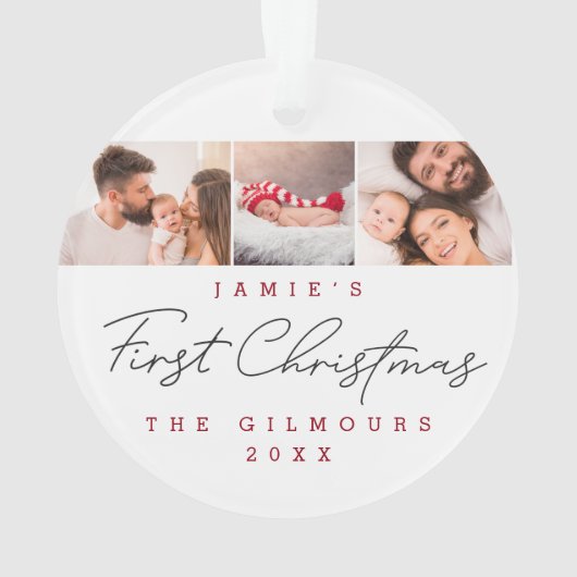 赤ちゃんの初めてのクリスマス3枚の写真 現代のカスタムオーナメント オーナメント (裏面)