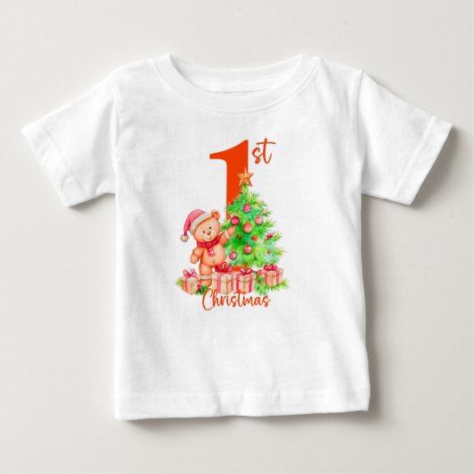 赤ちゃんの初めてのクリスマス、かわいいクマとツリーのデザイン ベビーTシャツ (正面)