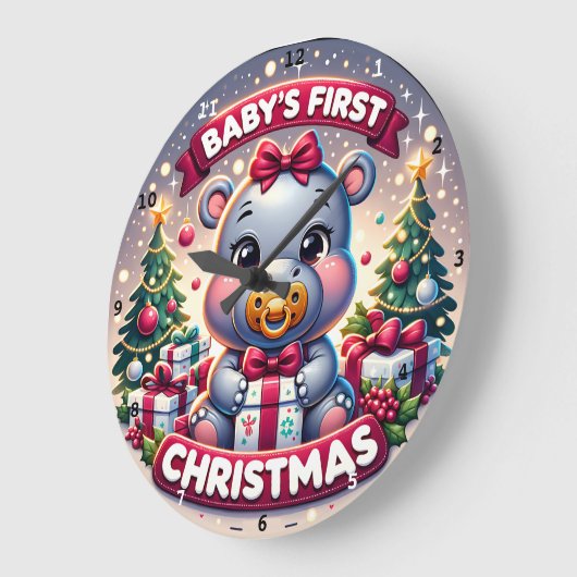 赤ちゃんの初めてのクリスマス かわいいクマのホリデー ラージ壁時計 (傾斜)