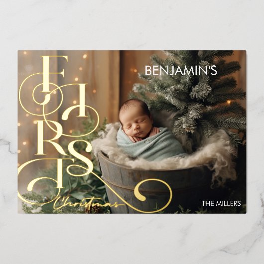 赤ちゃんの初めてのクリスマス　エレガントなタイポグラフィー　１枚の写真 箔シーズンカード (正面)