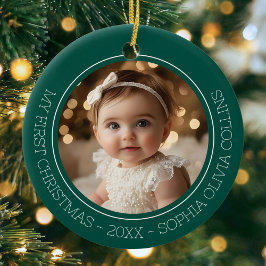 赤ちゃんの初めてのクリスマス グリーン モダン フォト ニューボーン セラミックオーナメント