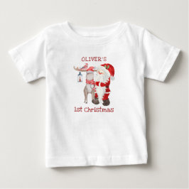 赤ちゃんの初めてのクリスマス サンタとトナカイ 名入れ ベビーTシャツ