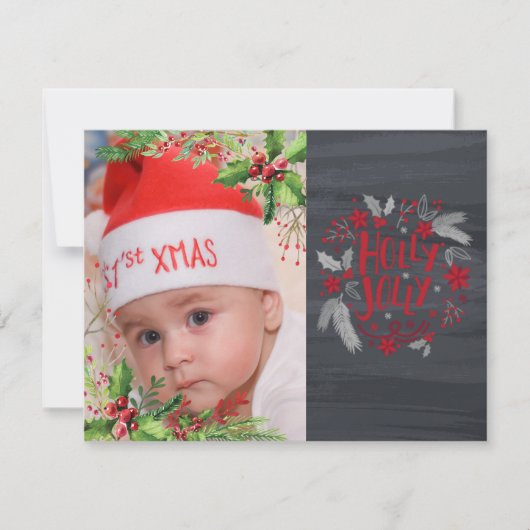 赤ちゃんの初めてのクリスマス、ヒイラギの実、写真 シーズンカード (正面)