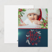 赤ちゃんの初めてのクリスマス、ヒイラギの実、写真、緑 シーズンカード (正面/裏面)