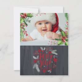 赤ちゃんの初めてのクリスマス、ヒイラギの実、赤ちゃんの写真 シーズンカード