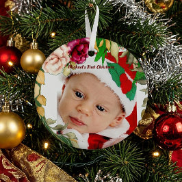 赤ちゃんの初めてのクリスマス フローラルリースのカスタムフォト ガラスオーナメント