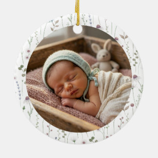 赤ちゃんの初めてのクリスマス フローラル水彩写真 セラミックオーナメント
