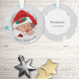 赤ちゃんの初めてのクリスマス ブルー スノーフレーク 写真 オーナメント