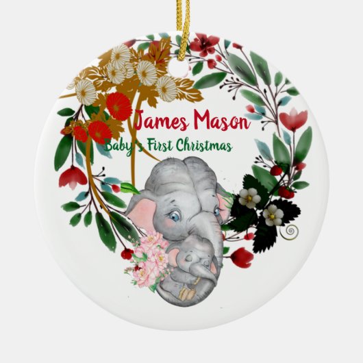 赤ちゃんの初めてのクリスマス ボタニカルグリーンのリース 花飾り セラミックオーナメント (正面)